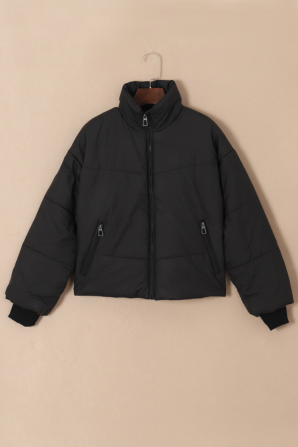 Black Zip Up Pocketed Puffer Jacket