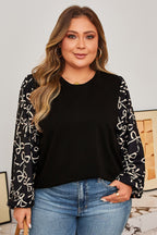 Black Bow Knot Patchwork Crewneck Plus Size Blouse