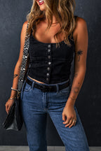 Black Acid Wash Buttoned Cropped Slim Denim Tank Top