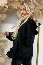 Black Leopard Contrast Drawstring Hood Drop Shoulder Loose Top