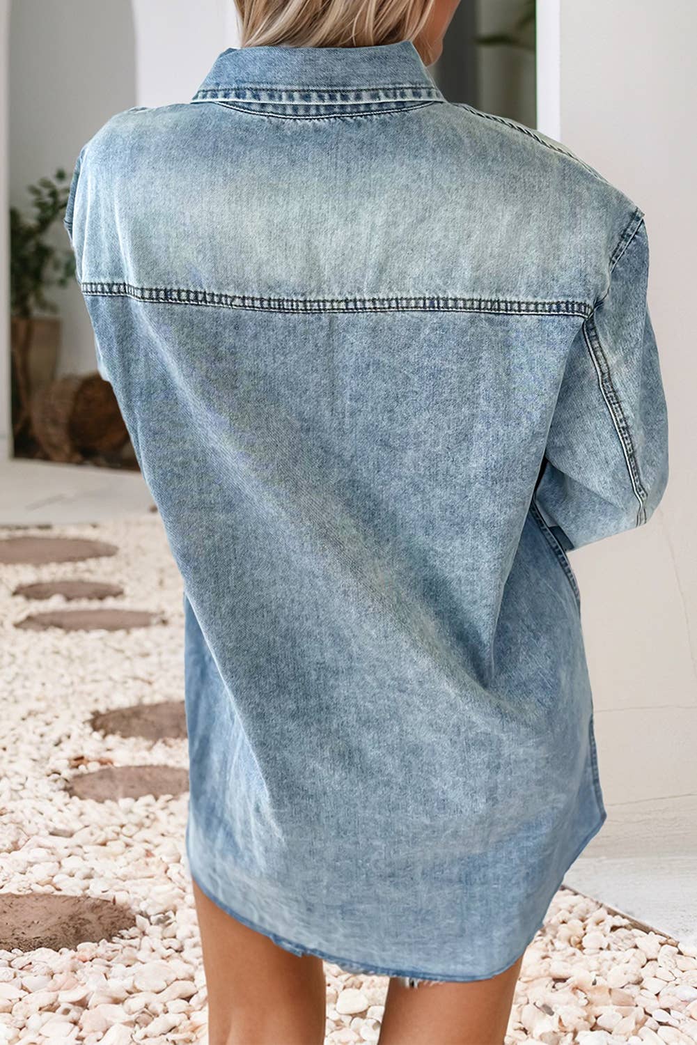 LDC Chest Pocket Raw Hem Denim Loose Shirt Dress