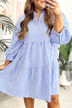 Sky Blue Stripe Seersucker Textured Notched Neck Long Puff Sleeve Tiered Curvy Dress
