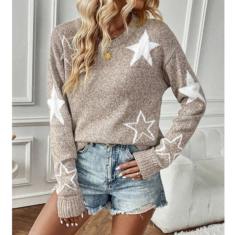 FIVE-POINTED STAR LONG-SLEEVED PULLOVER SWEATER
