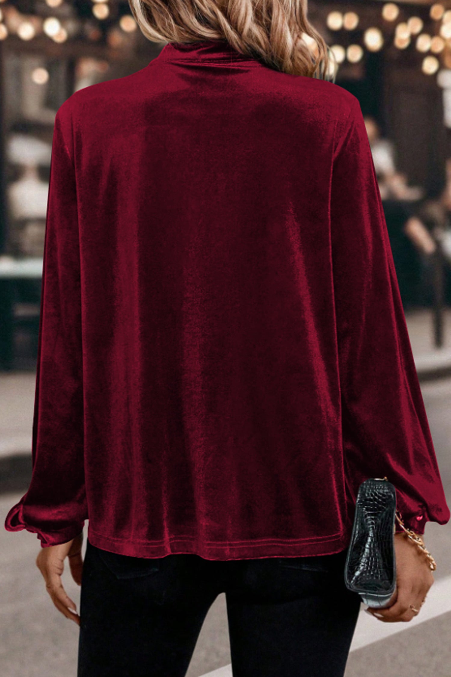 Red Dahlia Asymmetric Button Keyhole Neck Long Sleeve Velvet Blouse