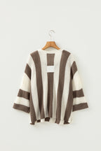 Brown Stripe Colorblock V Neck Bracelet Sleeve Sweater