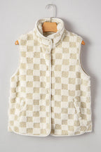 Checker Sherpa Snap Button Vest Jacket With Pockets