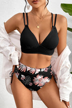 Black Ribbed Knit High Waist 2pcs Bikini Swimsuit