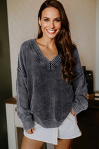 Black Mineral Wash V Neck Knit Exposed Seam Drop Shoulder Loose Sweater