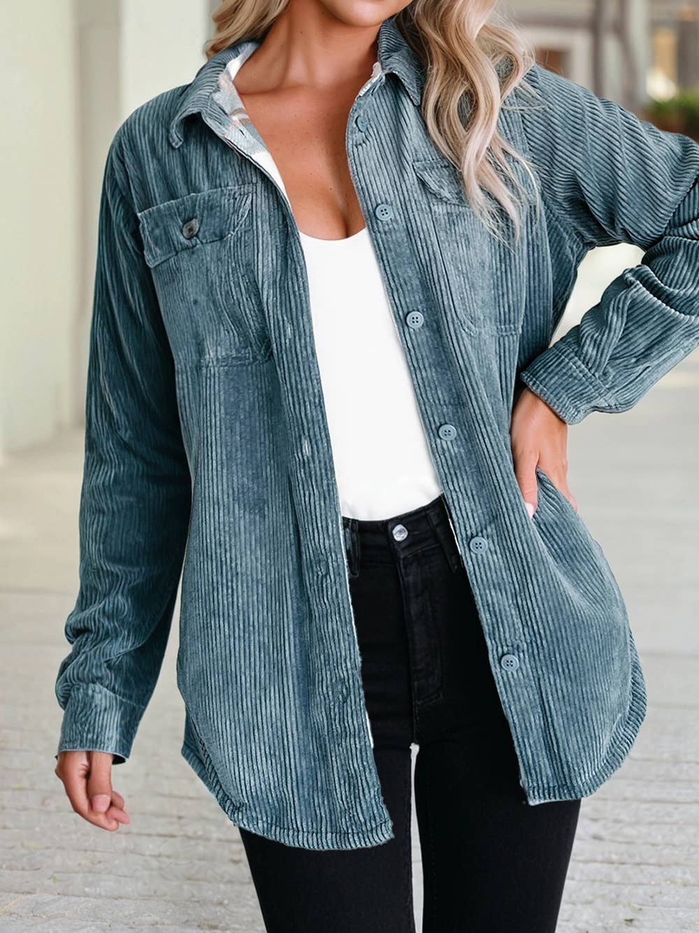 Plaid Corduroy Reversible Button Up Shacket