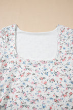 White Floral Print Textured Square Neck Slim Fit Long Sleeve Top