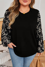 Black Bow Knot Patchwork Crewneck Plus Size Blouse