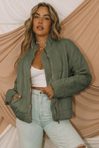 Green Zip-Up Pocket Quilted Jacket