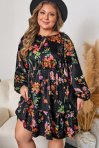 Black Plus Size Floral Print Tie Neck Cinched Waist Long Sleeve Mini Dress