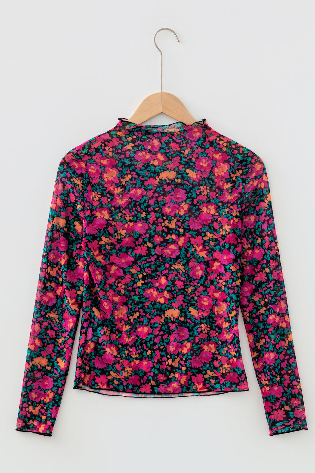 Rose Slim Fit Floral Mesh Long Sleeve Mock Neck Top