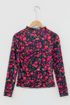 Rose Slim Fit Floral Mesh Long Sleeve Mock Neck Top