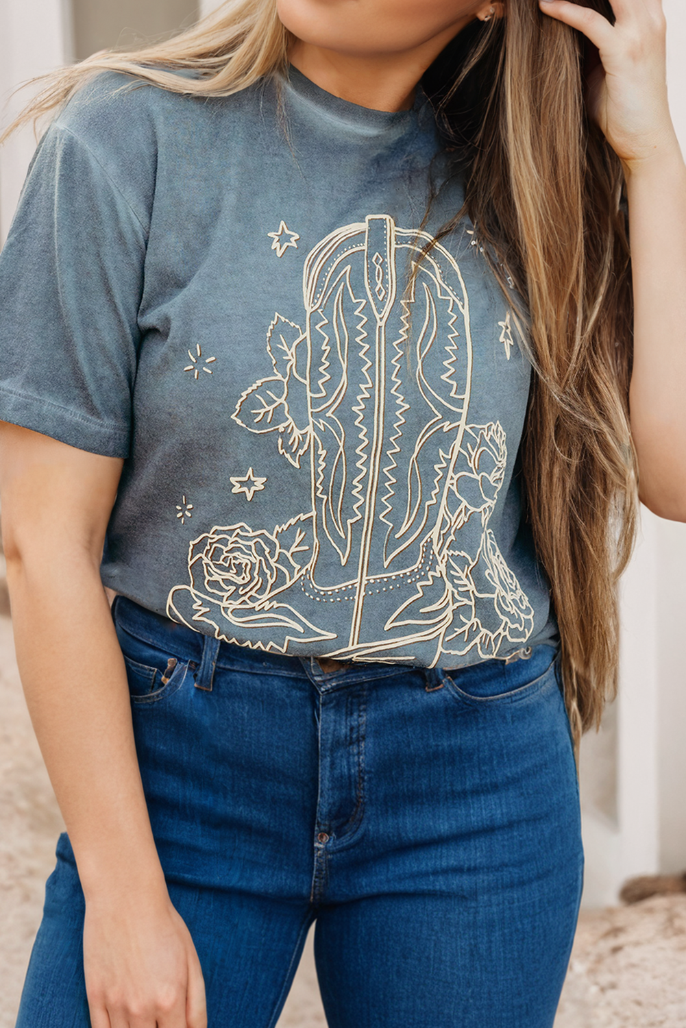 LDC Western Cowboy Boots Flower Graphic Tee