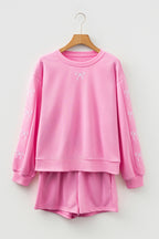 Sachet Pink Girly Bow Embroidered Detail Puff Sleeve Pullover 2pcs Short Set