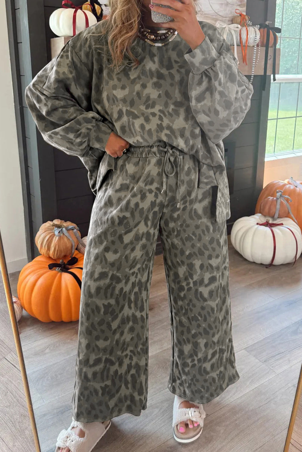 Gray Leopard Print Raw Seam Patchwork Pullover Drawstring Loose Pant Set