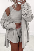 Gray 3 Pcs Crop Tank Top Shorts with Cardigan Lounge Set