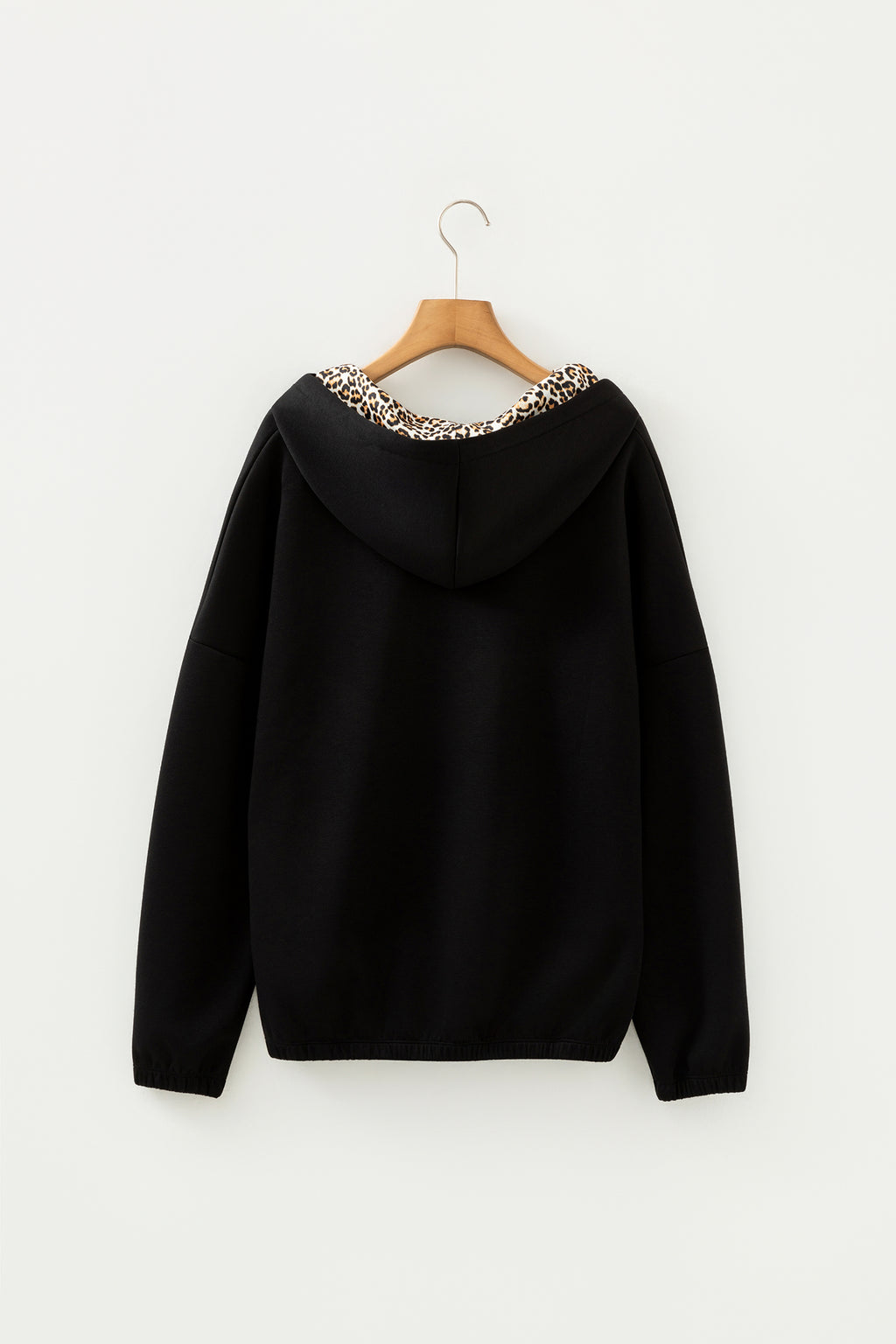 Black Leopard Contrast Drawstring Hood Drop Shoulder Loose Top