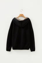 Black Leopard Contrast Drawstring Hood Drop Shoulder Loose Top