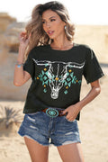 LDC Vintage Bull Skull Western Turquoise T Shirt
