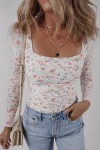 LDC Floral Print Textured Square Neck Long Sleeve Top