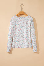 White Floral Print Textured Square Neck Slim Fit Long Sleeve Top