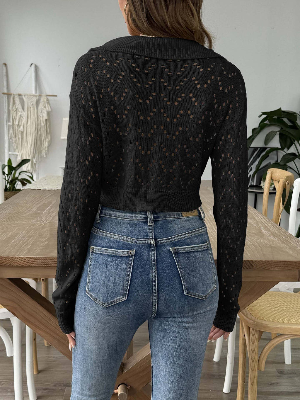 LAPEL POLO NECK CUTOUT CROP PULLOVER SWEATER