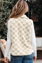 Checker Sherpa Snap Button Vest Jacket With Pockets