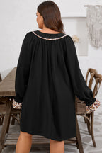 Black Plus Size Notched Neck Leopard Trim Flounce Long Sleeve Shift Dress