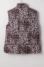 Brown Leopard Quilted Full Zipper Casual Puff Vest