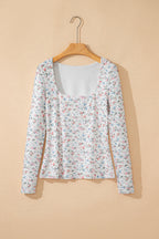 White Floral Print Textured Square Neck Slim Fit Long Sleeve Top