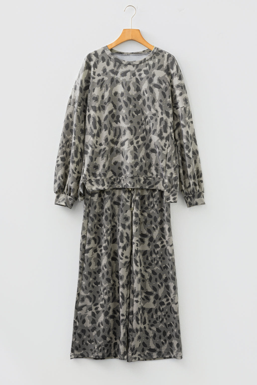 Gray Leopard Print Raw Seam Patchwork Pullover Drawstring Loose Pant Set