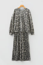 Gray Leopard Print Raw Seam Patchwork Pullover Drawstring Loose Pant Set