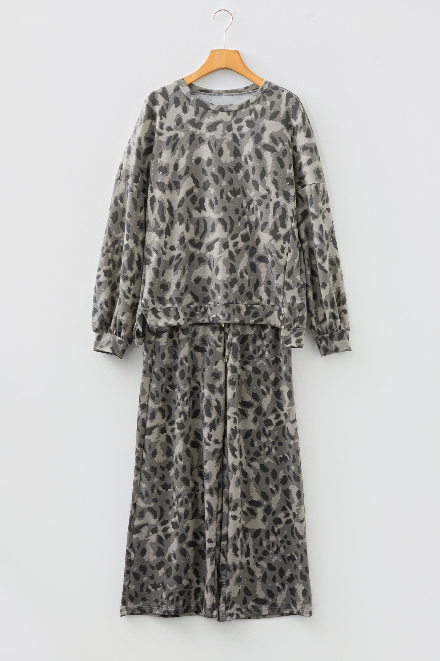 Gray Leopard Print Raw Seam Patchwork Pullover Drawstring Loose Pant Set