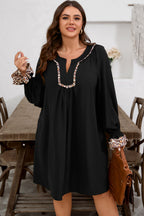 Black Plus Size Notched Neck Leopard Trim Flounce Long Sleeve Shift Dress