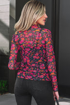 Rose Slim Fit Floral Mesh Long Sleeve Mock Neck Top