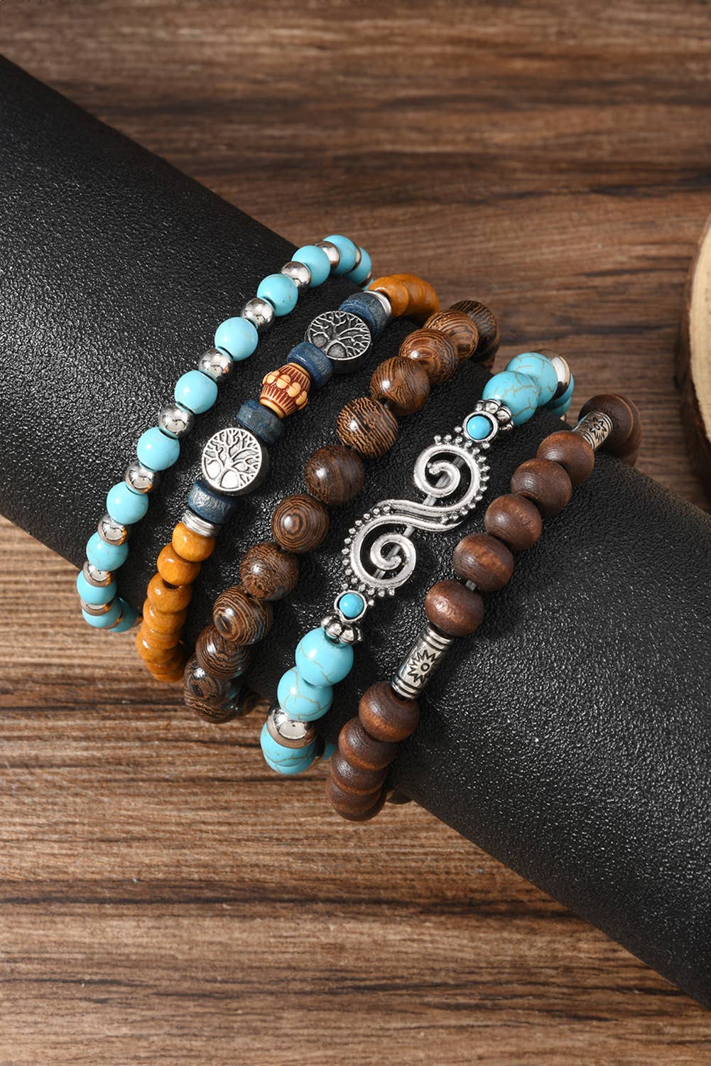 LDC Boho 5pcs Turquoise Wood Beaded Elastic Bracelet Set