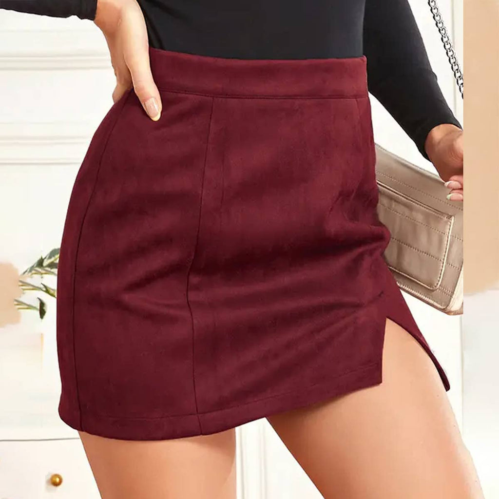 Suede wrap hip high waist zipper A-line solid color skirt