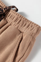 Dark Khaki Leopard Drawstring Pullover Hoodie and High Waist Pants Corduroy Suit