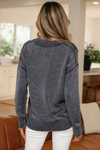 Black Mineral Wash V Neck Knit Exposed Seam Drop Shoulder Loose Sweater