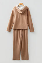 Dark Khaki Leopard Drawstring Pullover Hoodie and High Waist Pants Corduroy Suit