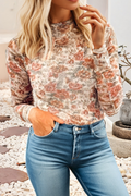 LDC Retro Floral Print Mesh Long Sleeve Top