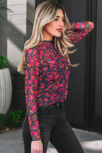 Rose Slim Fit Floral Mesh Long Sleeve Mock Neck Top