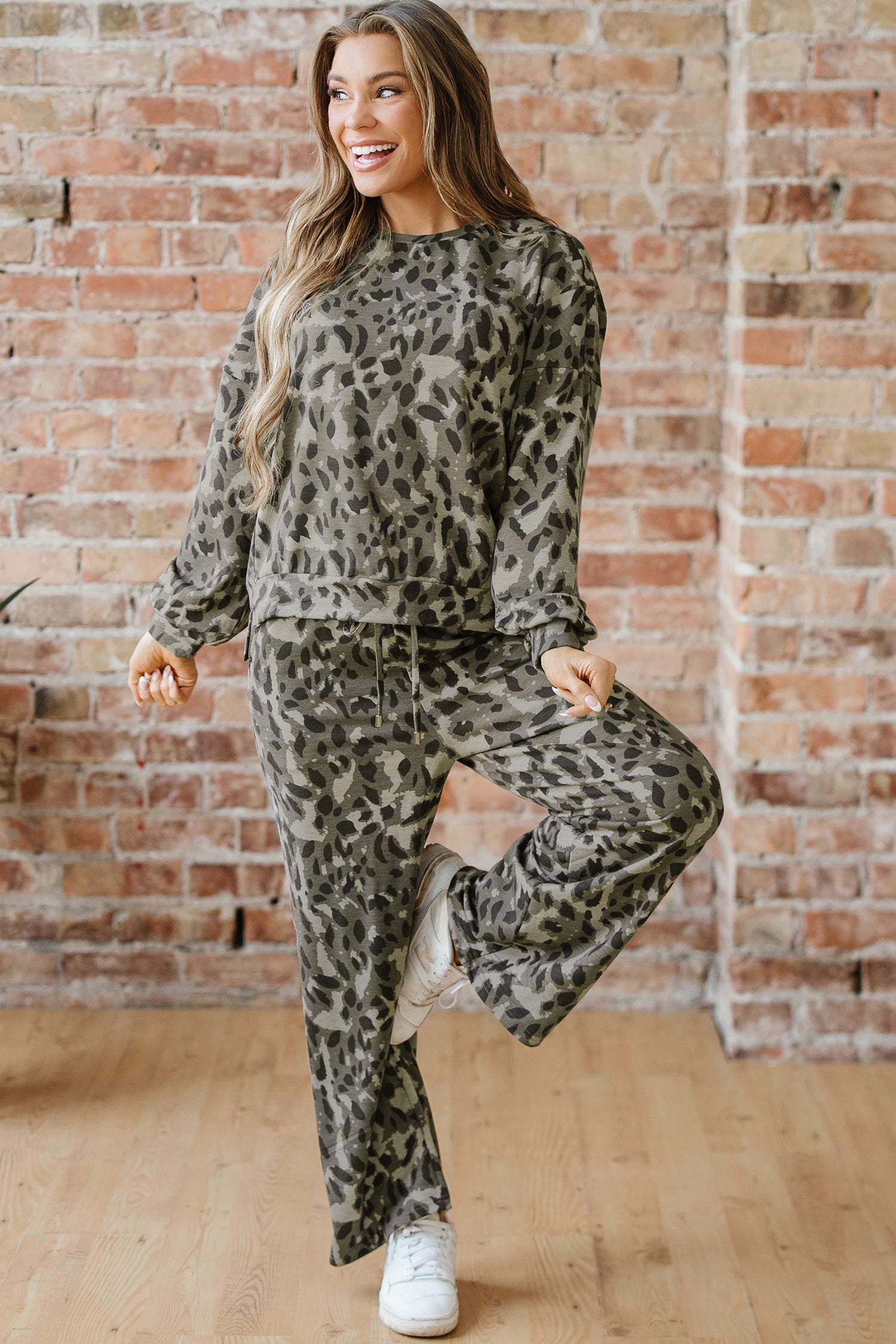 Gray Leopard Print Raw Seam Patchwork Pullover Drawstring Loose Pant Set