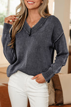Black Mineral Wash V Neck Knit Exposed Seam Drop Shoulder Loose Sweater