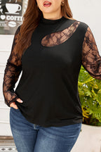 Black Plus Size Lace Patchwork Asymmetric Cutout Sheer Long Sleeve Top