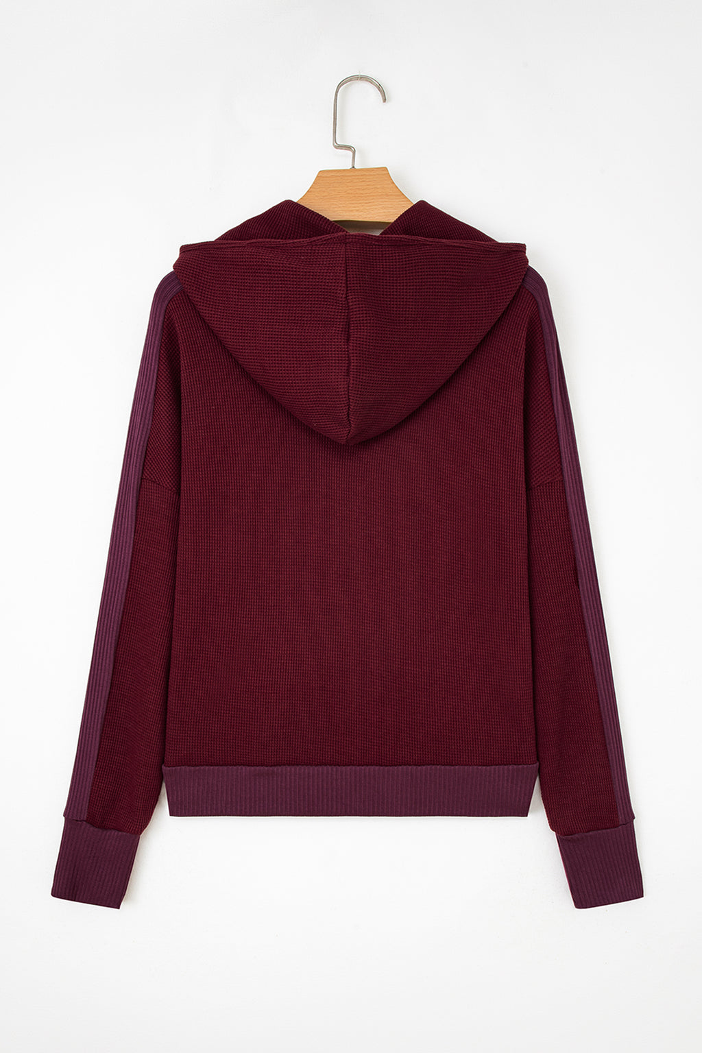 Burgundy Waffle Splicing Zip Up Front Button Hooded Jacket