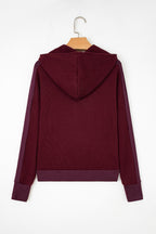Burgundy Waffle Splicing Zip Up Front Button Hooded Jacket